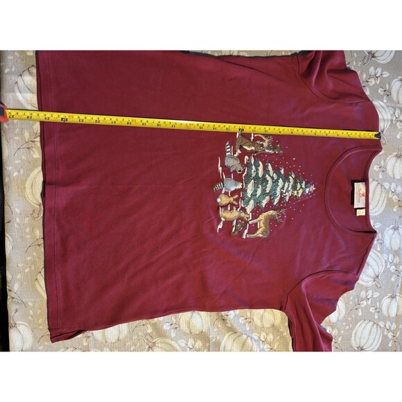 Quacker Factory Small Maroon Shirt Embroidered Animals and Pine Tree Long Sleeve - Picture 5 of 5